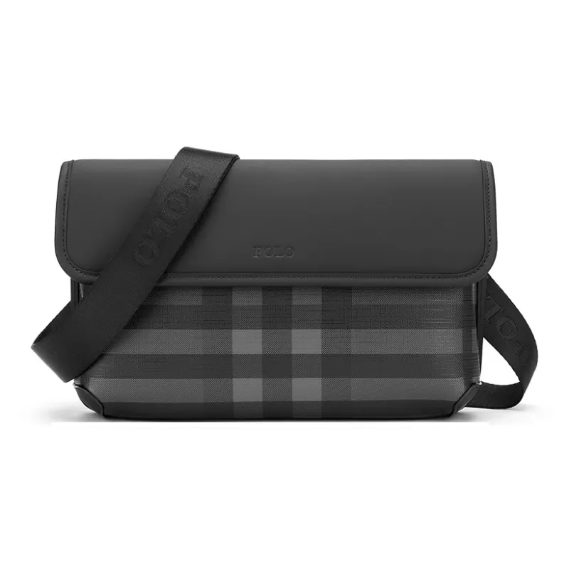 POLO PVC Synthetic Leather Men's Crossbody Bag, Shoulder Bag Medium Size Men's Black Plaid-9