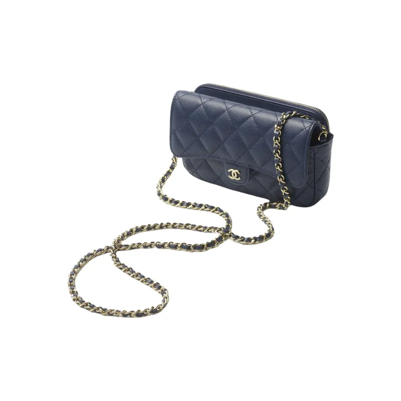 CHANEL Caviar Cow Leather Shoulder Bag, Crossbody Bag Women's Blue-1