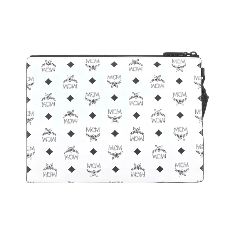 MCM Aren Canvas With Leather Wrist Bag Clutch Medium Size Unisex White-2