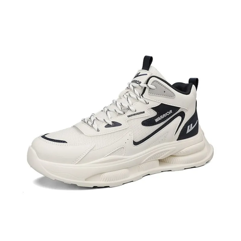 Warrior Cushioned Wear-Resistant Breathable Height Increasing Mid-Top Lace-Up Chunky Sneakers Men's Black Beige Green-1