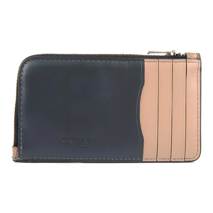 COACH L-Zip Canvas With Leather Card Clip Zero Wallet Card Holder Men's Black With Apricot Cream And Khaki Monogram-3
