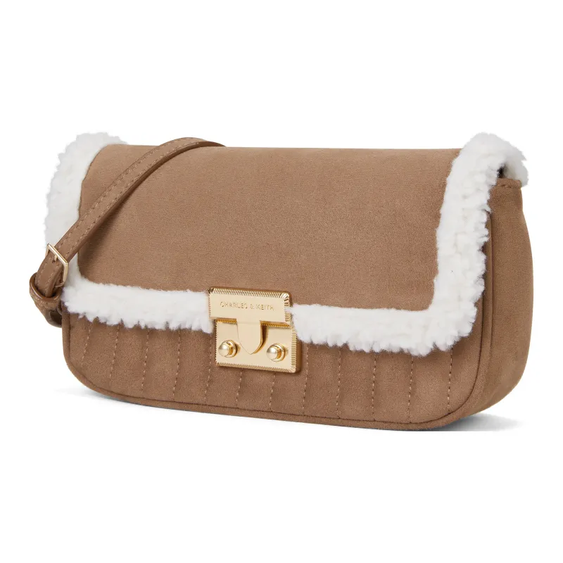 CHARLES&KEITH PU, Textile Mixture Crossbody Bags Trumpets Women's Tea Brown-1