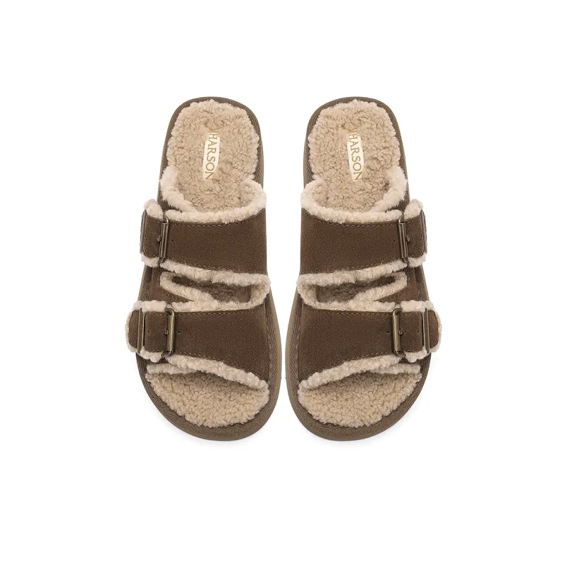 HARSON Slide Slippers Women's Apricot Fleece Lined/Brown Fleece Lined-5