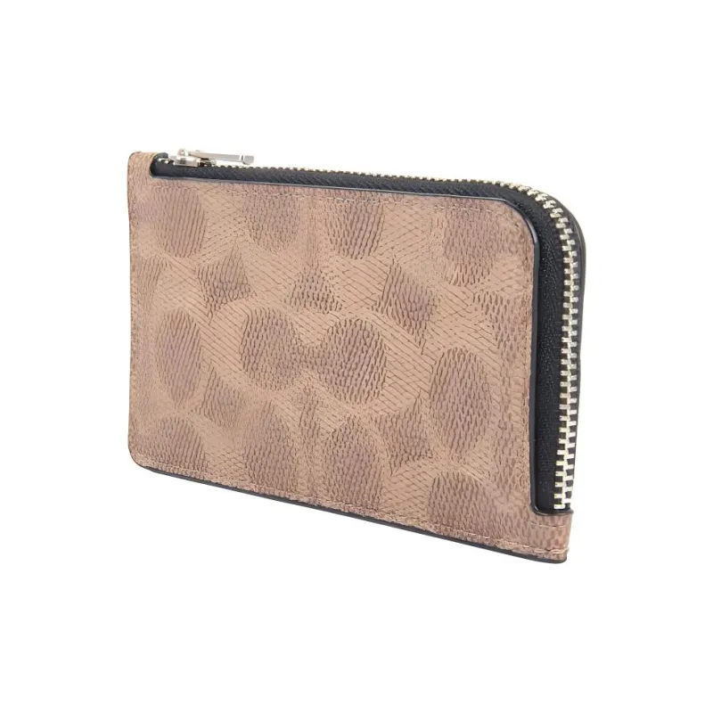 COACH L-Zip Canvas With Leather Card Clip Zero Wallet Card Holder Men's Black With Apricot Cream And Khaki Monogram-1