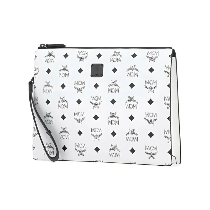 MCM Aren Canvas With Leather Wrist Bag Clutch Medium Size Unisex White-1