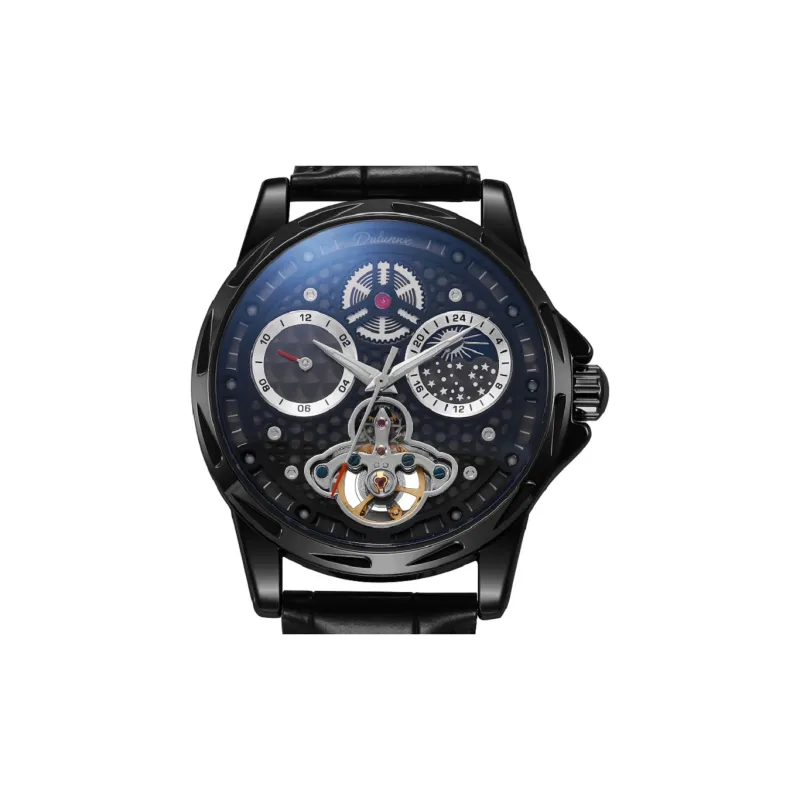 Dulunwe Automatic Mechanical Movement Leather Watch Bands Watch Men's Watches Cut-Out Dial-5