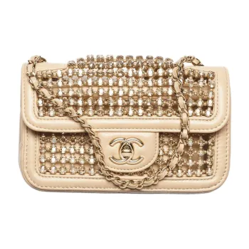 CHANEL Lambskin Shoulder Bag, Crossbody Bag Mini Women's Beige & Gold