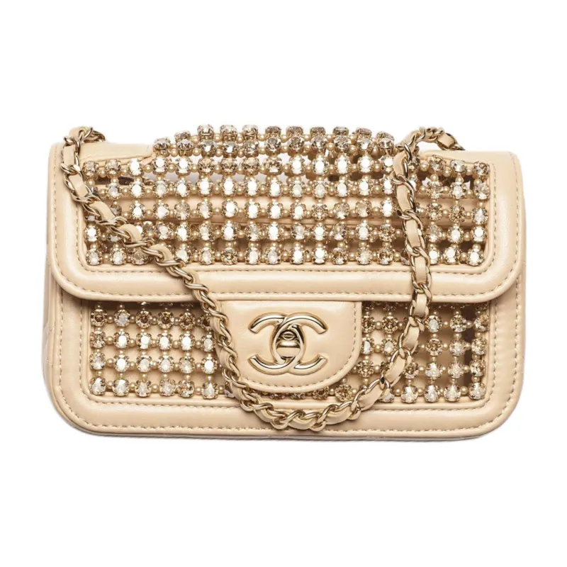 CHANEL Lambskin Shoulder Bag, Crossbody Bag Mini Women's Beige & Gold-0