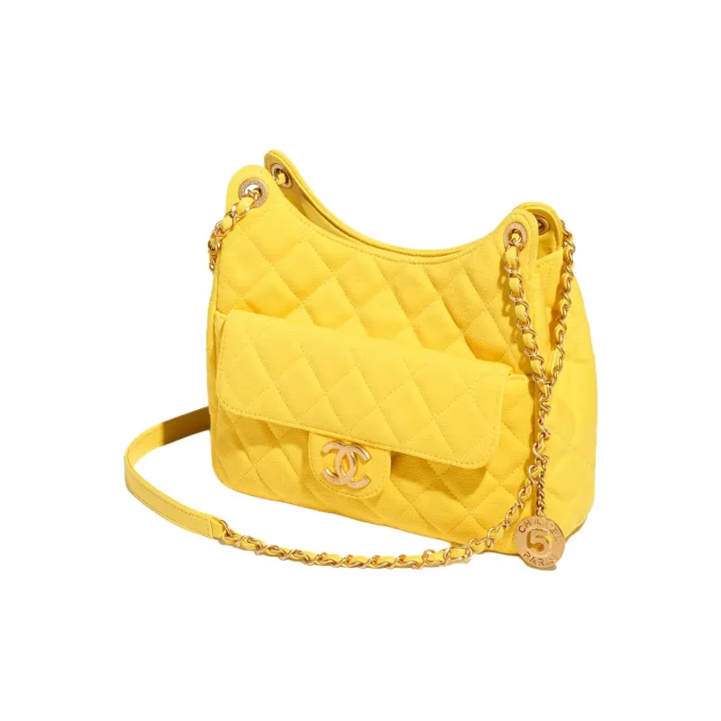 CHANEL HOBO Wool Jersey Knitted Fabric Shoulder Bag, Crossbody Bag Women's Yellow-1