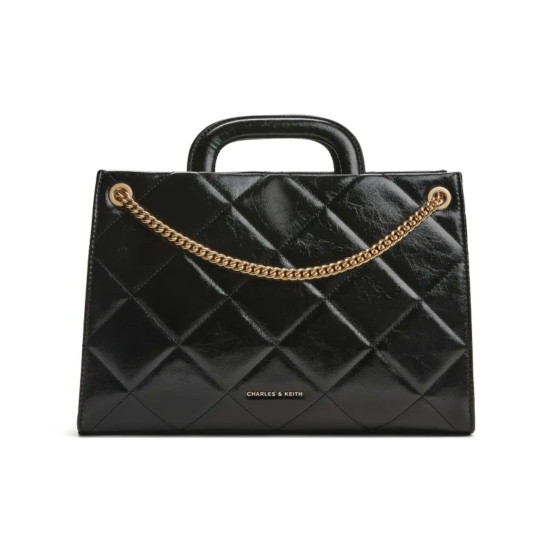 CHARLES&KEITH PU One Shoulder Handbag Medium Size Women's Black/Cream, Milk White/Silver-0