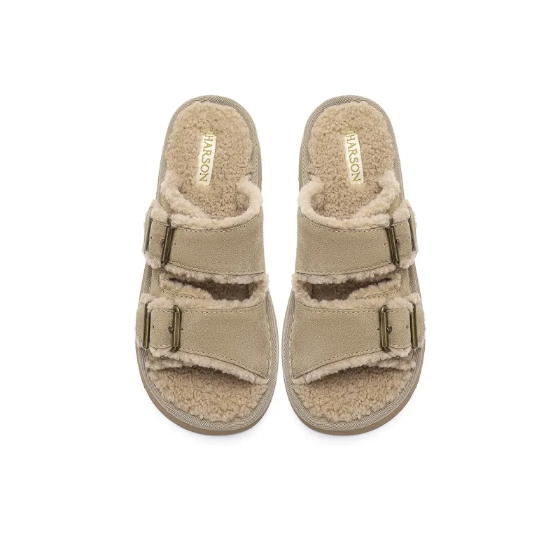 HARSON Slide Slippers Women's Apricot Fleece Lined/Brown Fleece Lined-2