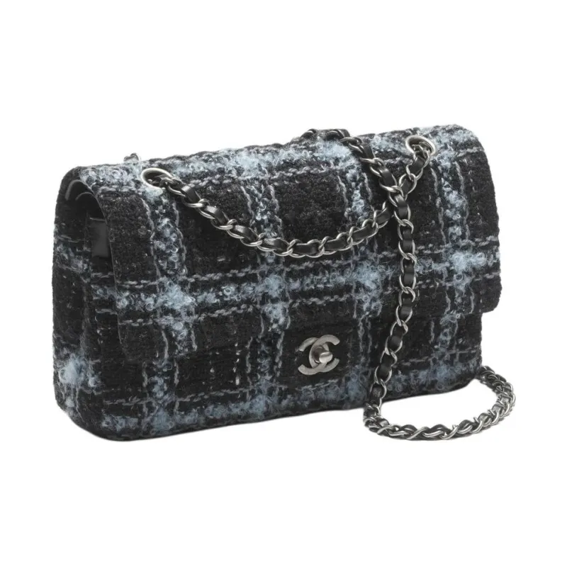 CHANEL Classic Flap CF Wool Tweed Shoulder Bag, Crossbody Bag Women's Black & Light Blue & Gray-1