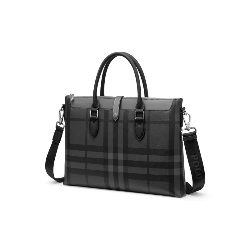 POLO PVC Synthetic Leather Men's Crossbody Bag, Shoulder Bag Medium Size Men's Black Plaid-8