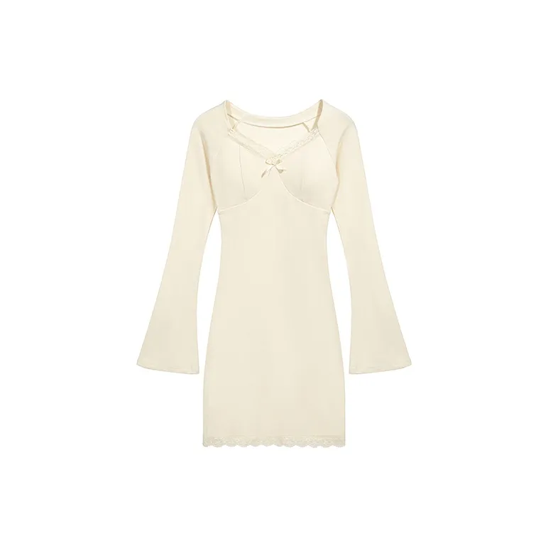 Long Sleeved Dress Women's Apricot Single Item-0