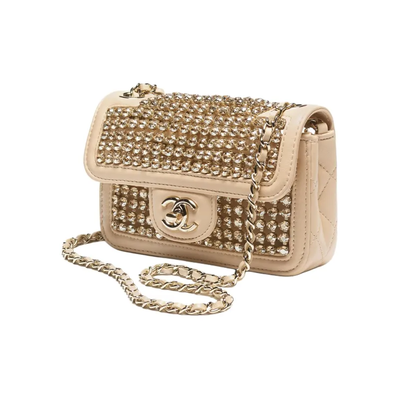 CHANEL Lambskin Shoulder Bag, Crossbody Bag Mini Women's Beige & Gold-1
