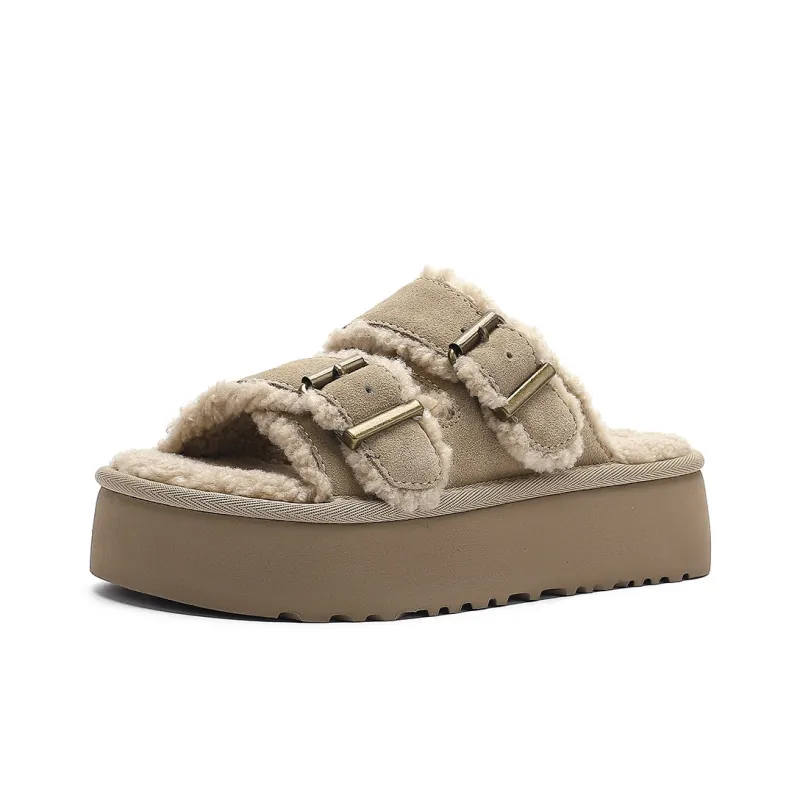 HARSON Slide Slippers Women's Apricot Fleece Lined/Brown Fleece Lined-1