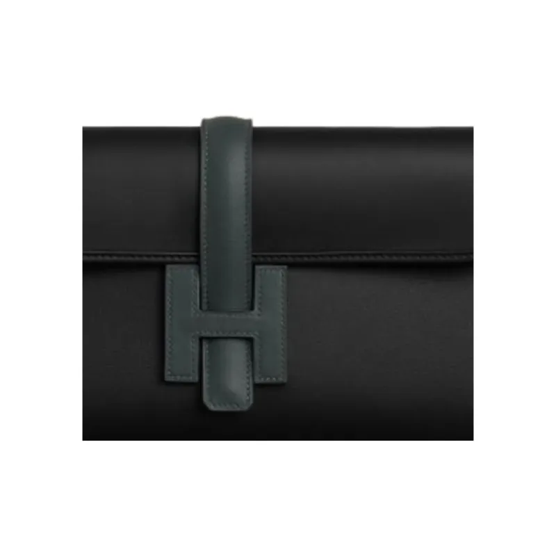 HERMES Jige Elan Swift Calfskin Clutch Regular Women's Black & Dark Green-2