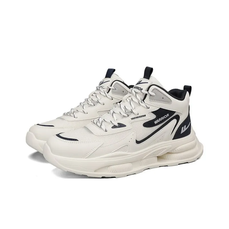 Warrior Cushioned Wear-Resistant Breathable Height Increasing Mid-Top Lace-Up Chunky Sneakers Men's Black Beige Green-2