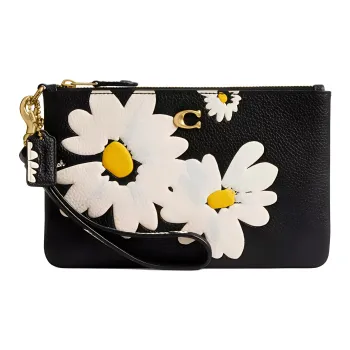 COACH Wristlet Polished Pebble Leather Clutch Trumpets Women's Brass & Black Multicolor