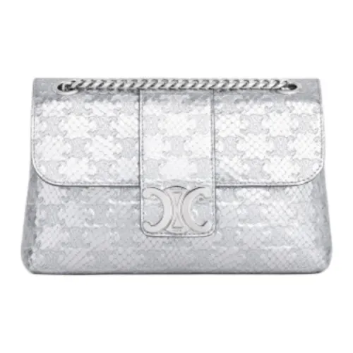 CELINE Cow Leather Crossbody Bag, Shoulder Bag Small Size Women's Silver
