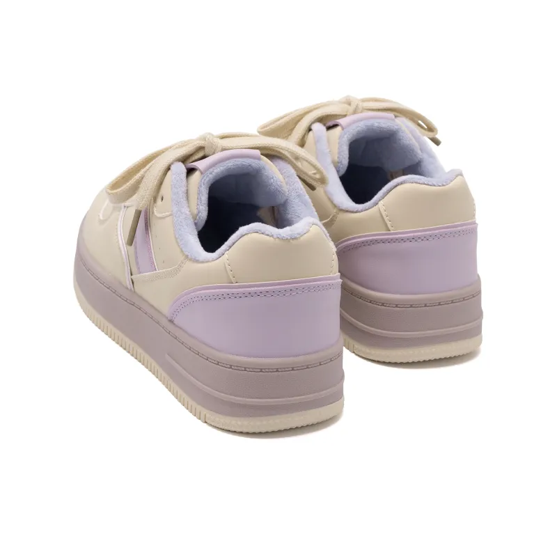 HUANQIU Height Increasing Warmth Low Top Skateboard Shoes Women's Beige Purple-4