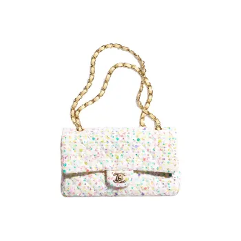 CHANEL Classic Flap CF Twill Soft Woolen Tweed Shoulder Bag, Crossbody Bag Women's Beige/Multicolor