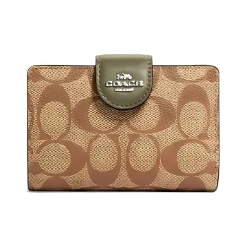 COACH Corner Zip Leather Clutch Card Holder, Wallet Medium Size Women's Olive Green With Monogram Color