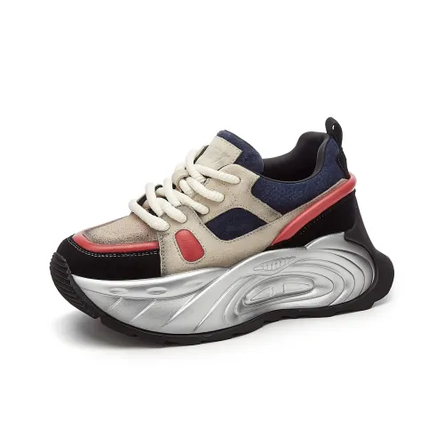 SHOUBA Low Top Chunky Sneakers Women's Black Beige