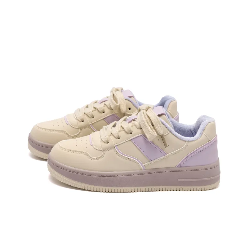 HUANQIU Height Increasing Warmth Low Top Skateboard Shoes Women's Beige Purple-1