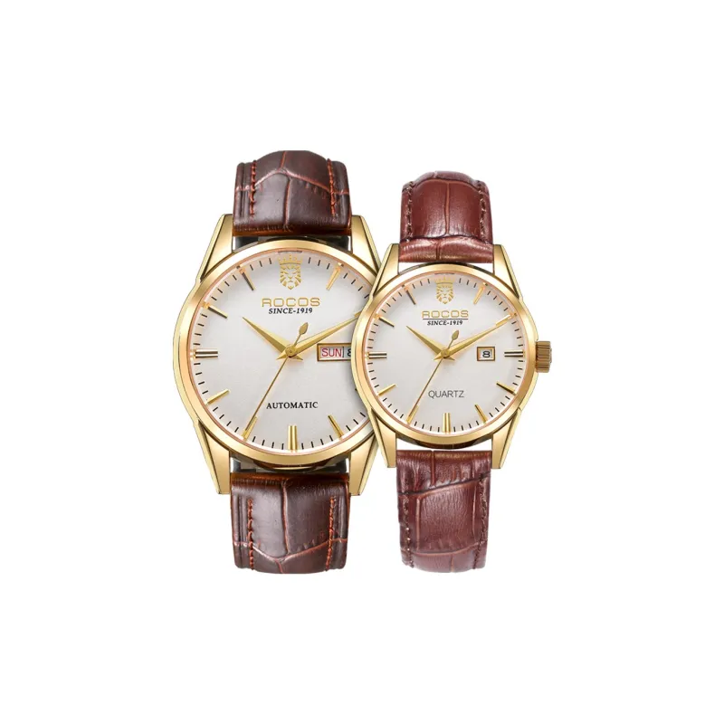 ROCOS Collection Mechanical Movement Cowhide Strap Watch Unisex White Dial-0