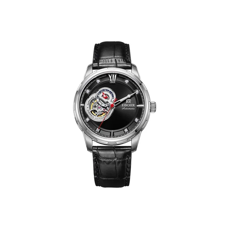 EBOHR Mechanical Movement Genuine Leather Strap Watch Men's Watches Black Dial-0