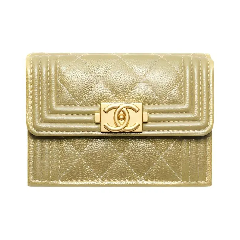 CHANEL 22K Autumn And Winter Pearl Grain Embossed Calfskin With Gold Metal Flap Bag Wallet Trumpets Women's Light Green-0