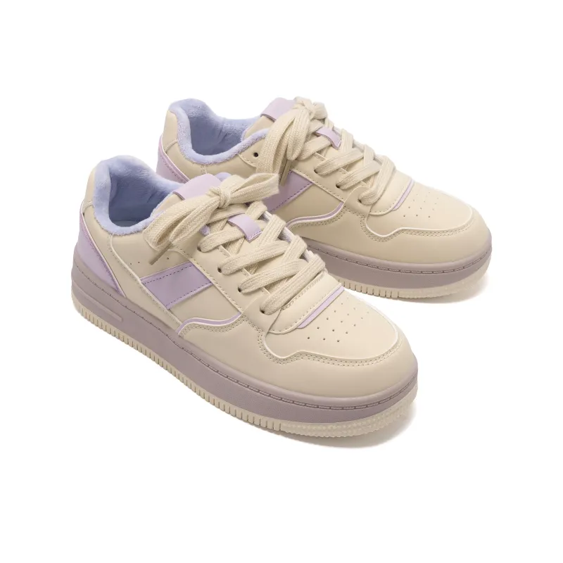 HUANQIU Height Increasing Warmth Low Top Skateboard Shoes Women's Beige Purple-3