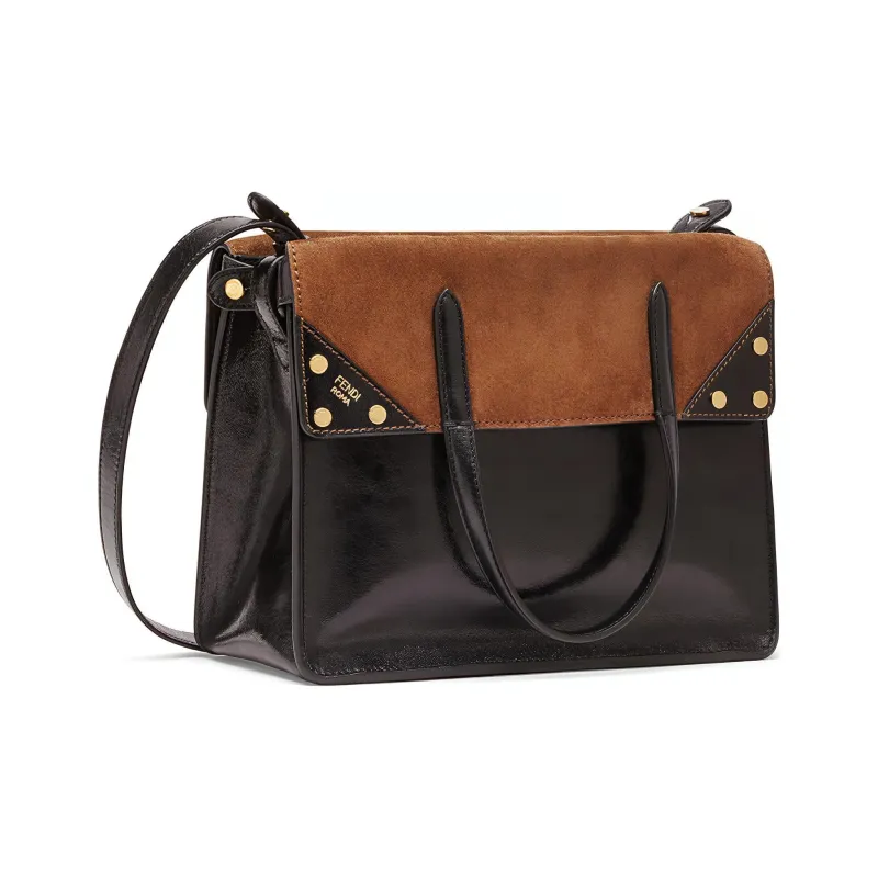 FENDI Lambskin Patchwork Suede Tote Bag, Shopping Bag, Crossbody Bag, One Shoulder Handbag Medium Size Women's Black-1