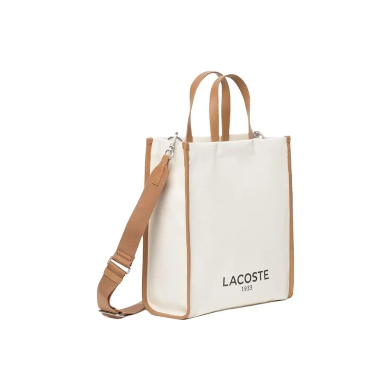 LACOSTE Cotton Tote Bag Shopping Bag Shoulder Bag Crossbody Bag Handbag Women's Beige & Brown-2