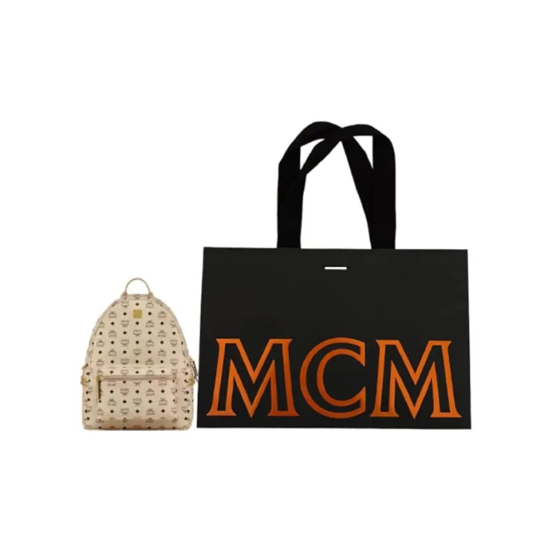 MCM Canvas Backpack Medium Size Unisex Beige-4