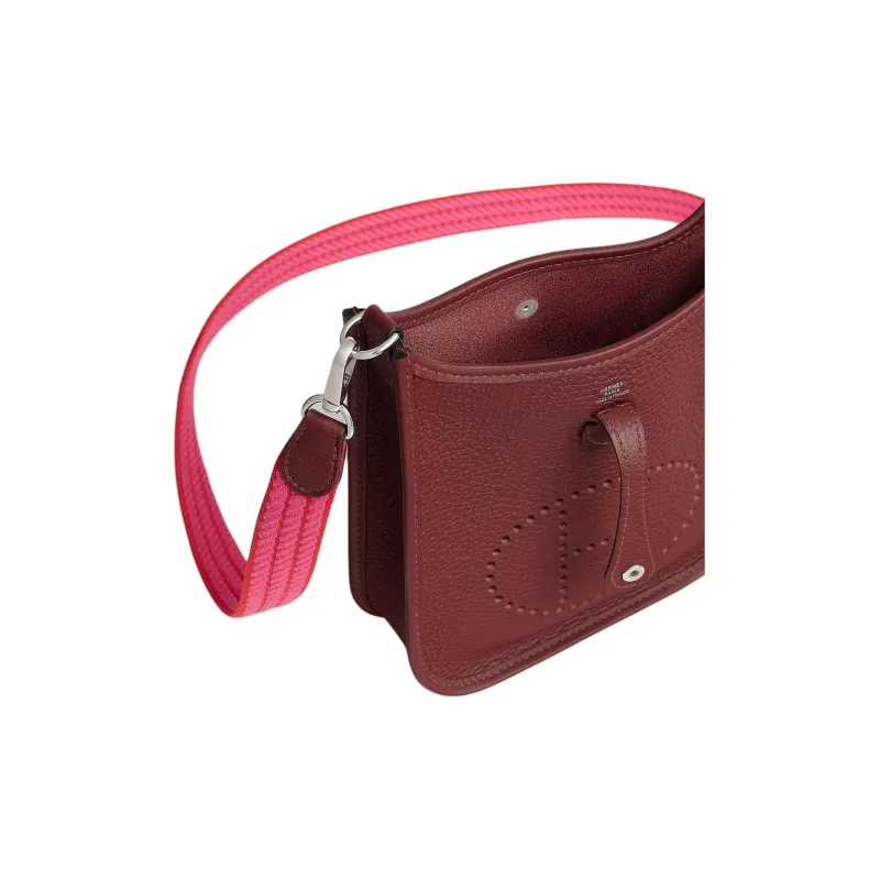 HERMES Evelyne Clemence Bullock Leather Shoulder Bag Crossbody Bag Women's Rouge Red With Pink Accents-3