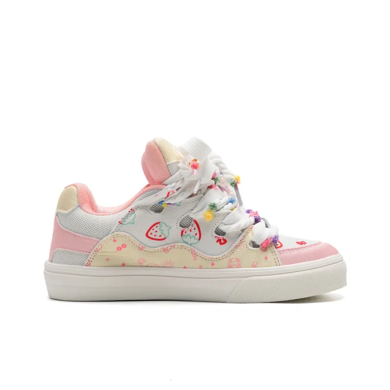 ALI THE FOX Anti Slip Wear Resistant Lightweight Breathable Low Top Skateboard Shoes Women's Pink Yellow Strawberry-3