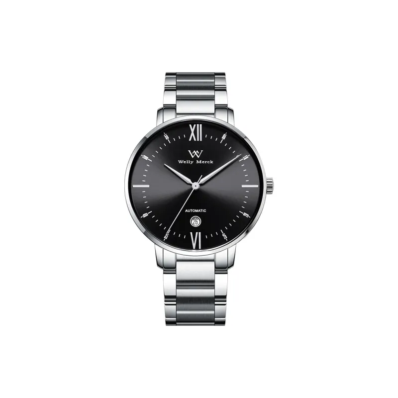 Welly Merck Automatic Mechanical Movement Men's Watches Wrist Watches Black Dial Stainless Steel Watchband-0