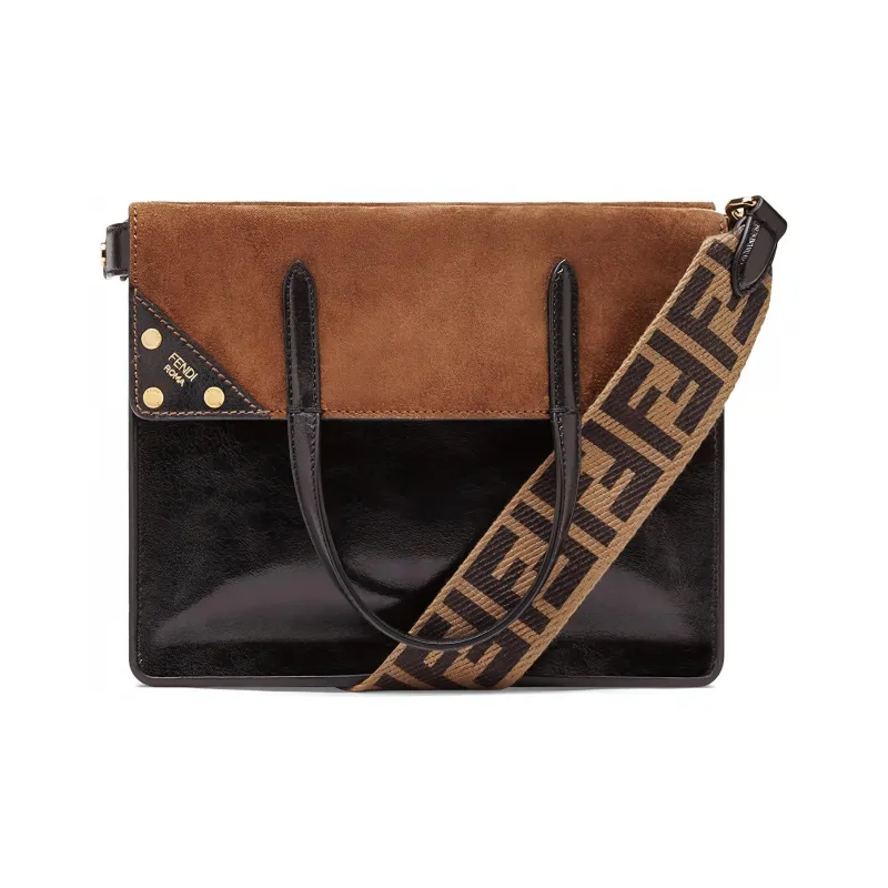 FENDI Lambskin Patchwork Suede Tote Bag, Shopping Bag, Crossbody Bag, One Shoulder Handbag Medium Size Women's Black-0