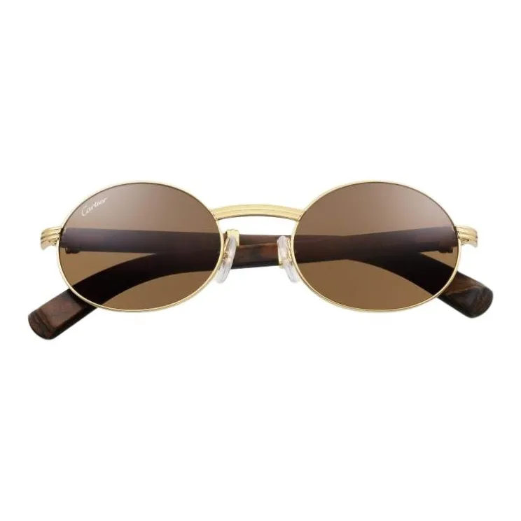 CARTIER Metal Gold Plated Wooden Oval Sunglasses Unisex Gold-1