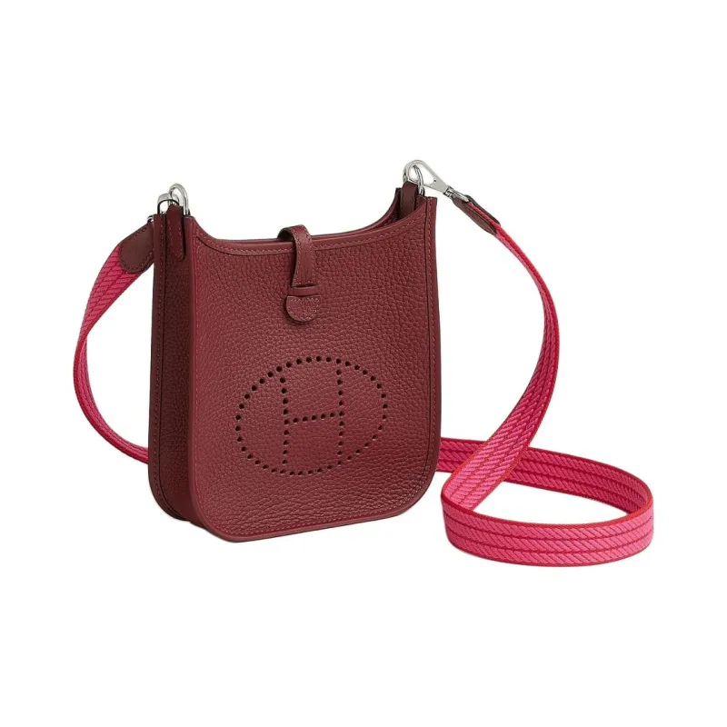 HERMES Evelyne Clemence Bullock Leather Shoulder Bag Crossbody Bag Women's Rouge Red With Pink Accents-1