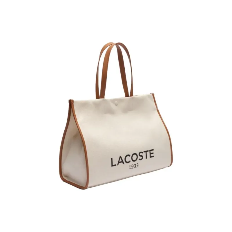 LACOSTE Cotton Tote Bag, Shopping Bag, Handbag Large Size Unisex Beige & Brown-1