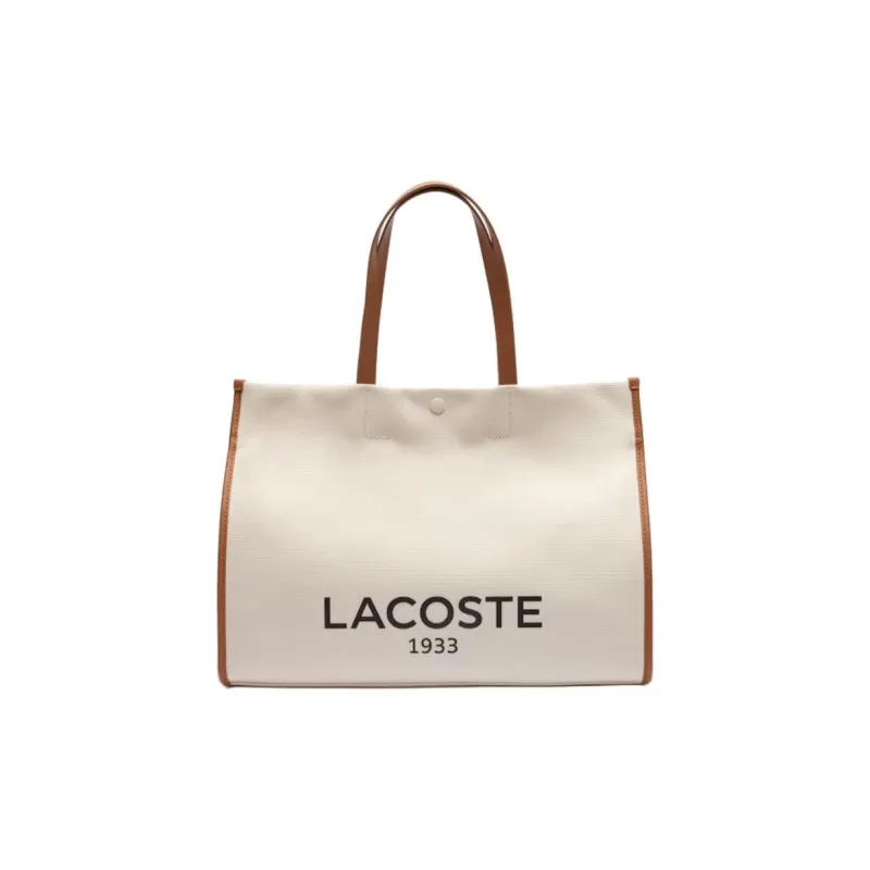 LACOSTE Cotton Tote Bag, Shopping Bag, Handbag Large Size Unisex Beige & Brown-0
