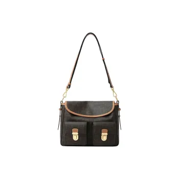 FION Coated Canvas Messenger Bag Portable Crossbody Bag Shoulder Bag Medium Size Women's Dark Coffee Brown