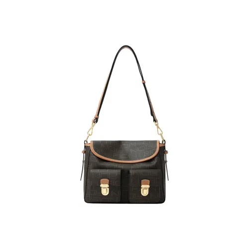 FION Coated Canvas Messenger Bag Portable Crossbody Bag Shoulder Bag Medium Size Women's Dark Coffee Brown