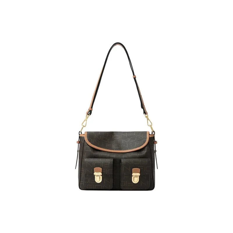 FION Coated Canvas Messenger Bag, Portable Crossbody Bag, Shoulder Bag Medium Size Women's Dark Coffee Brown-0