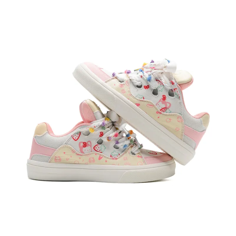 ALI THE FOX Anti Slip Wear Resistant Lightweight Breathable Low Top Skateboard Shoes Women's Pink Yellow Strawberry-4