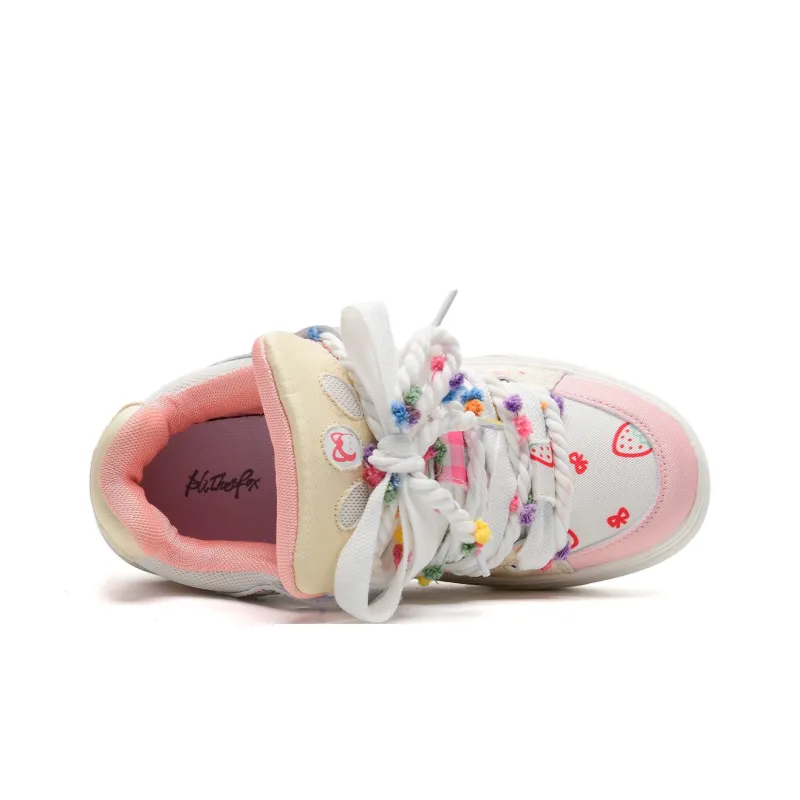 ALI THE FOX Anti Slip Wear Resistant Lightweight Breathable Low Top Skateboard Shoes Women's Pink Yellow Strawberry-2