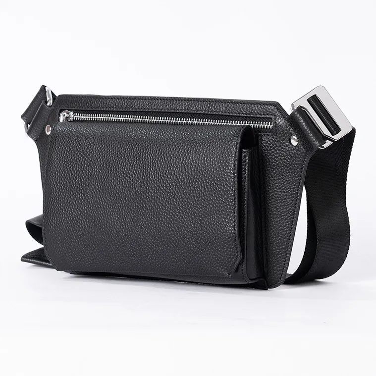 DOSRFINI Cow Leather Sling Bag Medium Size Men's Black Litchi Grain/Black Vegetable Tanned Leather-7